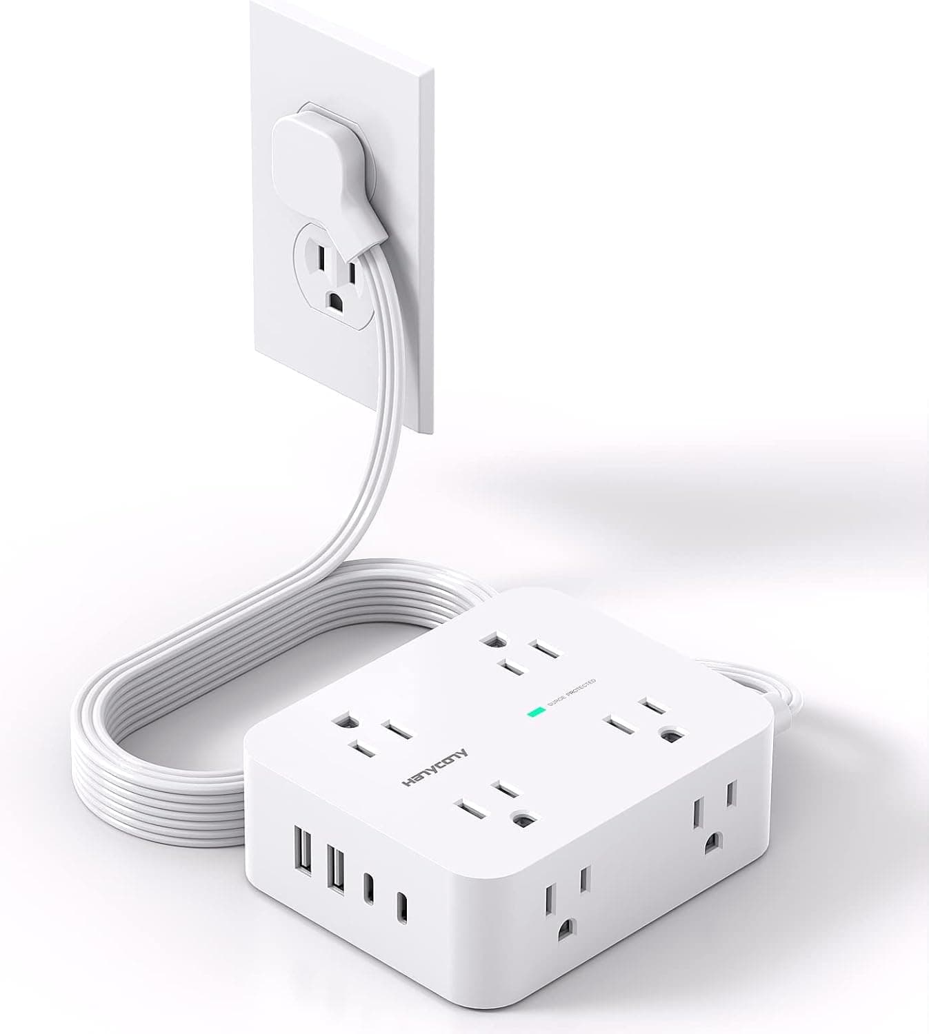 25 Ft Extra Long Extension Cord, 1080J Surge Protector Power Strip HANYCONY | Ultra-Thin Flat Plug, 8 Widely Spaced Outlets & 4 USB Ports (2 USB C), for Home, Office, Workshop, Wall Mount Design
