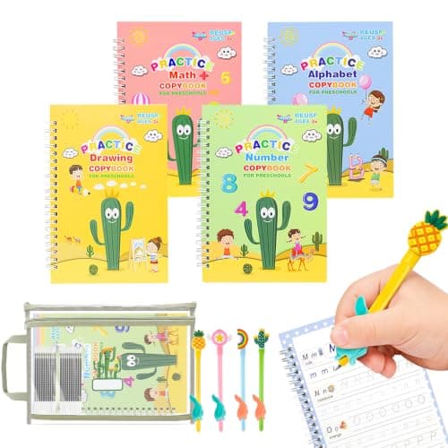 Premium Grooved Handwriting Practice for Kids, Reusable Children's Magic Copybook with Pencil Grips and Pouch, Large Size Calligraphy Workbooks Kit for Pre-School, Kindergarten(30 Refills)