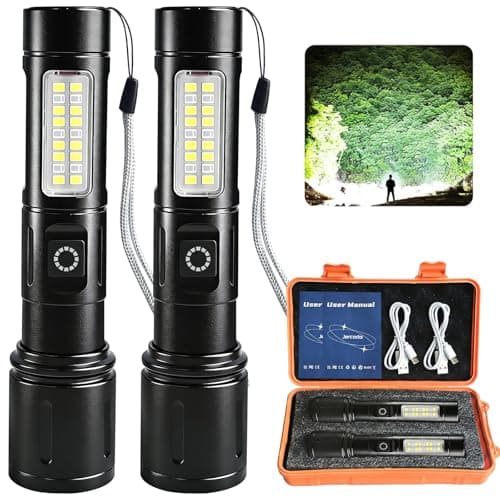 Jercoda LED Flashlight Rechargeable, Super Bright, Portable Handheld, 2Pack | All Aluminum, Zoomable, 6-Mode, Side Light, IPX4 Waterproof, Powerful High Lumens Linternas for Home Emergency Camping Hiking