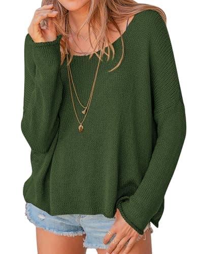 PRETTYGARDEN Women Long Sleeve Scoop Neck Oversized Sweaters,Army Green,L | Fall Fashion Lightweight Knit Slouchy Sweater,Casual Winter Cozy Off The Shoulder Pullover Tops,Drop Shoulder Spring Outfits