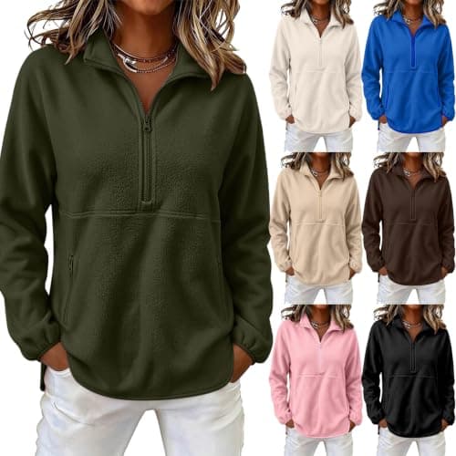 Fleece Half Zip Womens Sweatshirt Cute Sherpa Half Zip Pullover with Pocket | Half Zip Pullover Women Fall Sweatshirts for Women 2026 Ropa de Mujer Casual y Moderna Thanksgiving Outfit