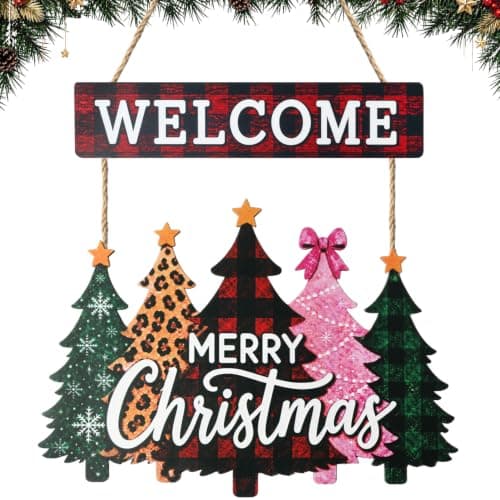 Wooden Merry Christmas Door Sign Hanger, Welcome Christmas Door Decorations | Wood Hanging Wall Plaque Wreath, for Front Porch Entryway Office Party Welcome Decor, Festive Holiday Gift, with Hemp Rope