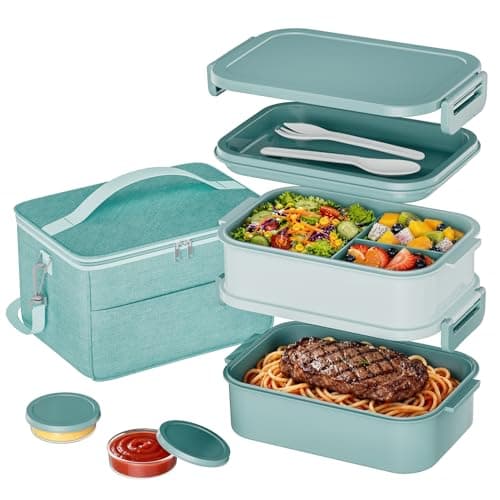 DaCool Adults Lunchbox Bento Box with Lunch Bag- 74 OZ All-in-One Stackable Lunch Box for Adults Kids Leakproof Bento Large Lunch Box Containers with Fork Spoon Sauce Box for Work School (Green)