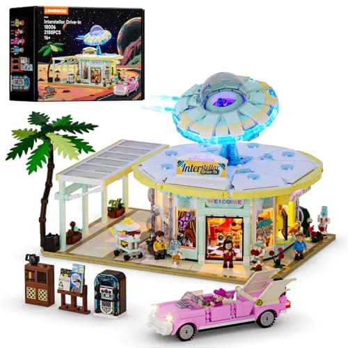 Lumibricks Interstellar-Diner Lighting-Building-Bricks City Set - 2188 Pcs Road UFO Drive-in Restaurant Modular Collection LED Light Space Car Restaurant Set for Adults and Travelling Enthusiasts