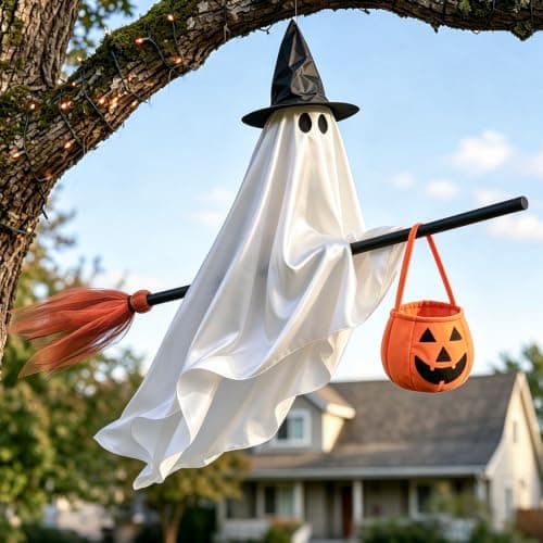 Halloween Decorations,5FT Hanging Ghosts on Brooms with Built-in Lights | Built-in Warm Lights, Outdoor Decor