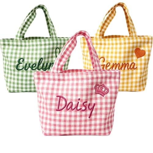 KEQHAULI Custom Embroidered Gingham Tote Bag, Personalized Plaid Shoulder Handbag with Name, Large Capacity Lightweight Canvas Carryall for Beach Vacation Travel Daily Work Shopping Grocery