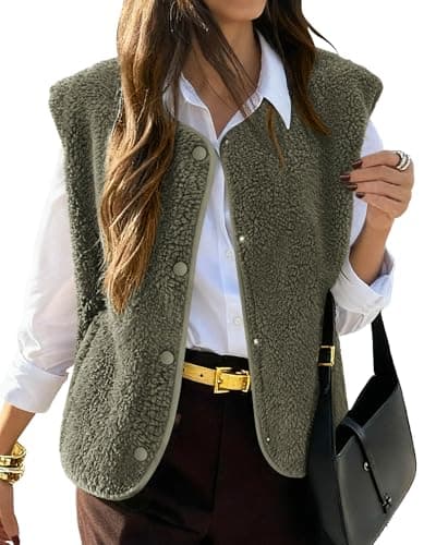 KIRUNDO Women's Fall Winter Fleece Vest 2025 Trendy Sleeveless Sherpa Jacket Button Down Open Front Fuzzy Warm Outerwear(Army Green, Medium)