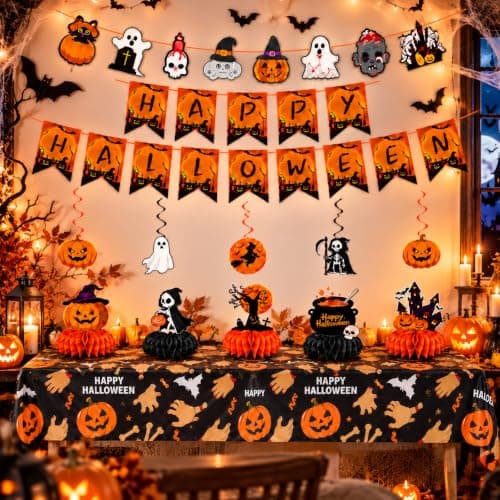 Halloween Party Decorations Set include Halloween Party Banner,Centerpieces for Tables and Halloween Pumpkin Ghost Tablecloth,Trick or Treat Decorations Indoor for Home, Classroom& Office