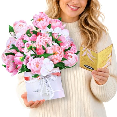 Varypop Flower Bouquet Pop up Cards, 14 Inch Peony 3D Flower Greeting Card | Includes Envelope and Blank Notecard - for Birthday, Graduation, Mothers Day, Thank You & Get Well, for Mom & Her