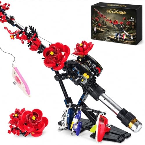 LUELM Gothic Rose Fishing Rod Building Block Set with 4 Fish for Adults 14+ | Fishing Pole Building Block Kits and Retractable,Collectible and Flowers Display Model Halloween Gifts for Adults Teens14+
