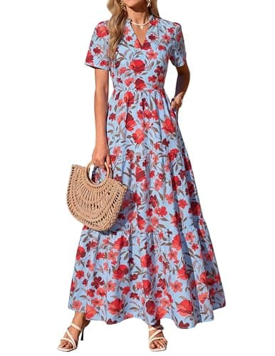 KIRUNDO Womens Floral Boho Flowy Maxi Dress, Blue Red Flower, Large | Short Sleeve, V Neck, Empire Waist, A Line, 2026 Summer Beach Vacation Long Dresses With Pockets, Cocktail Party Outfits