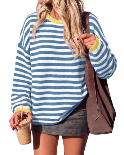 BTFBM Women's Lightweight Oversized Striped Sweater,Blue White,S | Soft Knit Cozy Sweaters, Crew Neck Long Sleeve Pullover, y2k Color Block, Casual Holiday Outfits, Winter Fall Clothes 2026