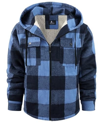 JACKETOWN Mens Flannel Hoodies Plaid Hoodies Winter Zip Up Fleece Jacket Sherpa Fleece Lined Warm Flannel Jacket Coat
