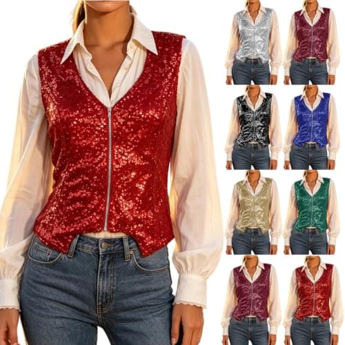 Hrwauag Women Sparkly Sequin Sleeveless Vest V Neck Full Zip Waistcoat Dressy Tops for Club Evening Event