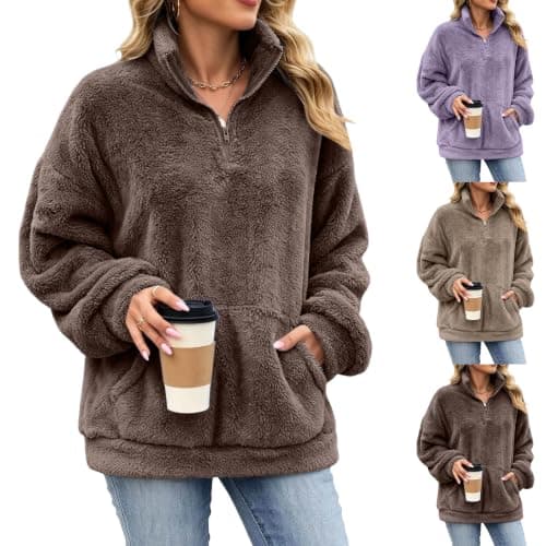 Womens Quarter Zip Fleece Sweatshirt Fuzzy Sherpa Pullover Tops Browm S | Warm Fluffy Long Sleeve Stand Collar Shirts,Casual Loose Fit Outerwear,Quarter Zip Pullover,Fleece Jacket,Kangaroo Pocket