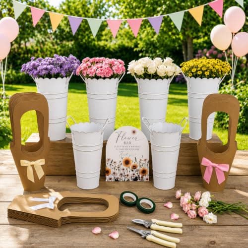 47PCS Scalloped Flower Bar Supplies Kit for Bloom Bar & DIY Bouquet Station | with Buckets, Wooden Sign, Bow Kraft Paper Bags, Floral Tape & Flower Shears for Wedding, Bridal Shower & DIY Table Decor