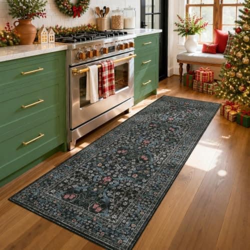 GarveeHome Dark Black Floral 2x6 Washable Kitchen Runner Rug | Vintage Stain Resistant Rugs for Entryway Hallway Bedroom Bathroom Low-Pile Non-Slip Soft Botanical Boho Rug TPE Backing