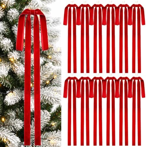 12 Pcs 23.6*15.8In Long Red Velvet Bows for Christmas Tree Decor | Large Red Velvet Christmas Bows Pre-Tied Swag Bows Ribbon for Staircase Wreath Christmas Tree Fireplace Vintage Ornaments