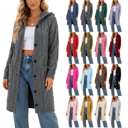 Women Hooded Long Cable Knit Cardigan Button Front Duster Sweater Coat with Pockets Oversized Knit Outerwear for Fall Winter Dark Grey