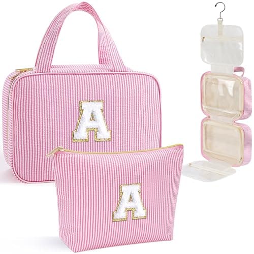 YOOLIFE Travel Hanging Toiletry Bag Makeup Bag, Women Girls Gifts, Pink A | Girls Kids Travel Organizer, Personalized Initial Toiletry Pouch Shower Bag, Birthday Gifts for 6 7 8 9 10 Year Old Girls