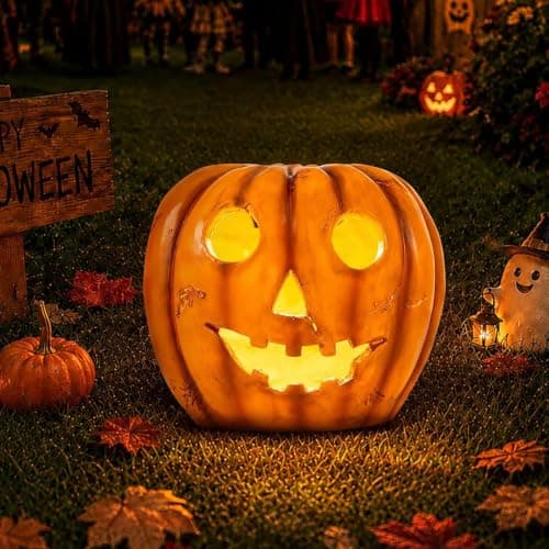 Halloween Decorations Outdoor Solar Lights Weatherproof Decor Lanterns | Pumpkin Resin Vintage Portable Hanging 8.1In Warm Light Yard Patio Garden Porch Spooky Party Table Jack O Lantern Fall Gift