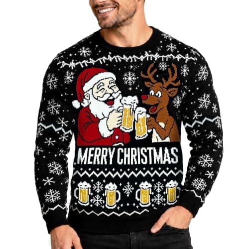 Ugly Christmas Sweater for Men: Santa Reindeer Cheers Pullover