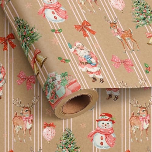 Vnaaem Vintage Christmas Wrapping Paper Roll for Boys Girls - Vintage Kraft Xmas Santa Claus Snowman Reindeer Tree Bows Design Gift Wrap for Holiday Xmas Birthday Winter Party(Total 28.5 sq.ft)