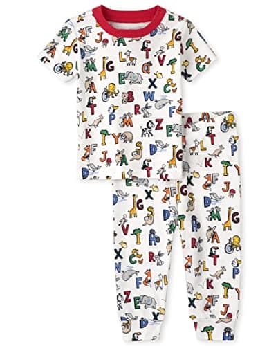 The Children's Place Baby and Toddler Snug Fit 100% Cotton Short Sleeve Top and Pants 2 Piece Pajama Set, Cute Letters, 0-3 Months