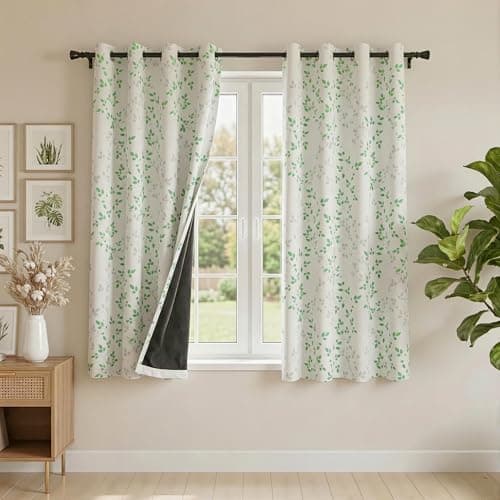 MEETSKY 95% Blackout Curtains 63 Inches Long for Bedroom Green and Grey | Leaf Pattern Thermal Insulated Drapes for Living/Dining Room, Room Darkening Drapes 2 Panels Window Curtain, 50"W Each Panel
