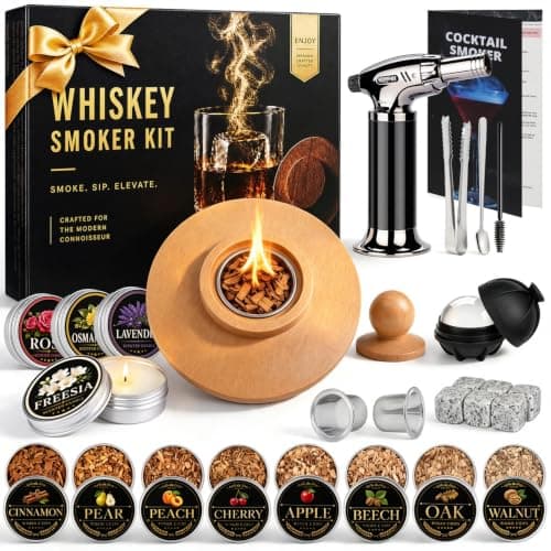Whiskey Smoker Kit with Torch, 8 Wood Chips, 6 Ice Stones,4 Scented Candles | Cocktail Smoker Infuser, Old Fashioned Drink Smoker Kit, Bourbon Birthday Gifts for Men Dad Husband Anniversary(No Butane)