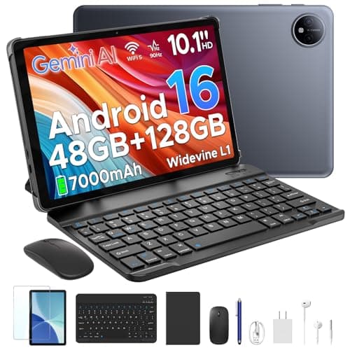 POPUX P10 10.1 inch Tablet, Android Tablet with Gemini AI, 48GB RAM+128GB ROM, 7000mAh, Unisoc T310 Quad-Core, 90Hz, 8MP + 5MP, WiFi 5, Bluetooth 5.0, Dual Speakers, Tablet with Keyboard, Pen- Gray