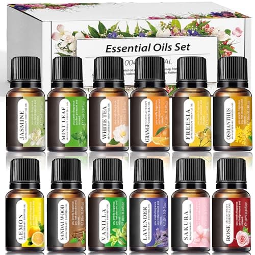 Essential Oils Set, 12 Scents, 10 ML Bottles, Lavender, Lemon, Rose, Jasmine, Vanilla, Sandalwood and More, for Humidifiers, Diffusers, Aromatherapy