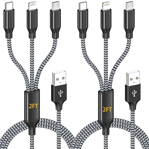 Multi Charging Cable 2Pack 2FT 3 in 1 Short Apple MFi Certified Cord | Nylon Braided Charger Cord Lightning USB-C Micro Universal Phone Charging Cable for iPhone5-14 and Android Devices