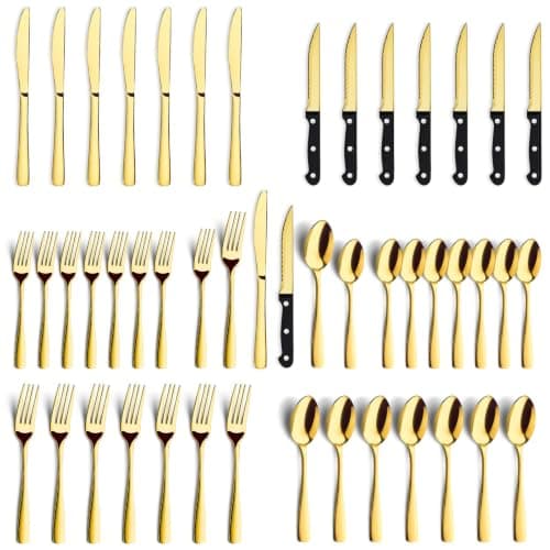 BEWOS 48-Pieces Gold Silverware Set for 8 - Stainless Steel Flatware Set with Mirror Polish, Silverware Sets Including Steak Knives, Forks and Spoons, Dishwasher Safe for Restaurant