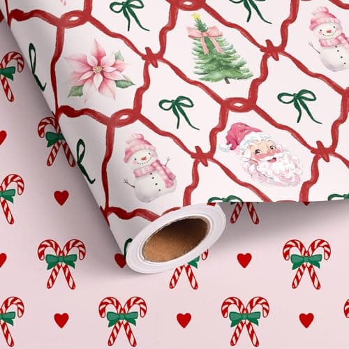 Altarho Reversible Pink Christmas Wrapping Paper Roll - Vintage Santa Claus Reindeer Snowman and Candy Cane Design Bow Xmas Gift Wrap for Winter Holiday Decoration Total 28.5sq.ft
