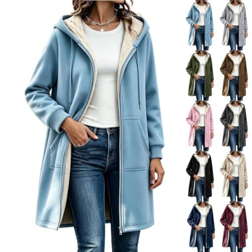 Womens Sherpa Fleece Jacket Hooded Zip Up Warm Winter Long Coats | Comfy Sherpa Fleece Lined, Full-Zip, Drawstring Hooded, Mid Length, Side Pockets, Casual Fall Winter Outerwear Coat