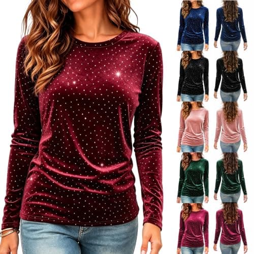 Women Long Sleeve Crew Neck Velvet Rhinestone Blouse Sparkling Dot Shimmer Top Lightweight Dressy Shirt for Dinner, Date Night & Holiday Gathering Wine Red