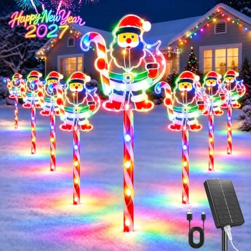 Solar Christmas Pathway Lights Outdoor, Santa Claus Christmas Decorations | 8 Pack, 152 LEDs, 10 Lighting Modes, Solar & USB Charging, Candy Cane Stake Lights Outdoor Xmas Decorations for Yard Garden