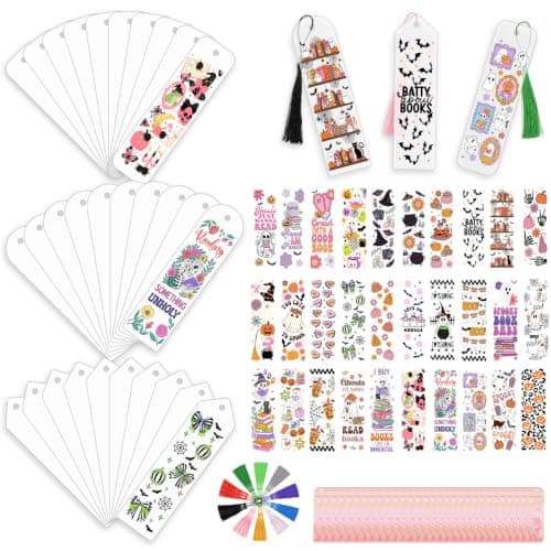 120PCS Acrylic Bookmark Kit,Bookmark Blanks with UV DTF Stickers & Tassels | 30 Clear Acrylic Bookmark Blanks,30 Halloween Themed UV DTF Stickers,and 30 Colorful Tassels for DIY Bookmark Making