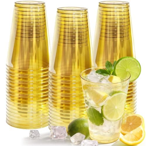 Glowserve 50 Pack 12 oz Gold Disposable Plastic Cups Cocktail Glasses