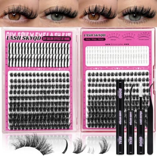 Lash Clusters Kit 472Pcs Mega 80+100D Eyelash Clusters Kit with Bottom+Spikes Individual Lashes 12-20mm Wispy Fluff D Curl Cluster Eyelash Extensions Kit by LASH SKYQD (Mega,80+100D Kit)