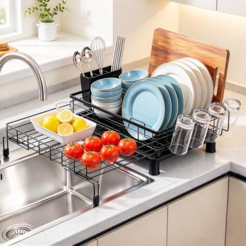 Luckboat Over Sink Dish Drying Rack for Kitchen Counter, Expandable Dish Drainer for Space Saving Counter, Stainless Steel Dish Rack