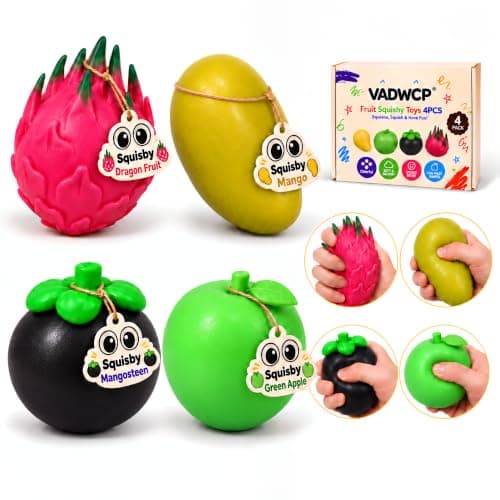 4 Pack Crunchy Squishy Stress Ball Gift Box, ASMR Fruit Squeeze Toys Set | Mango Green Apple Mangosteen Dragon Fruit, Flake Filled Slow Rising Fidget, Sensory Toys for Stress, Desk Gifts for Adults
