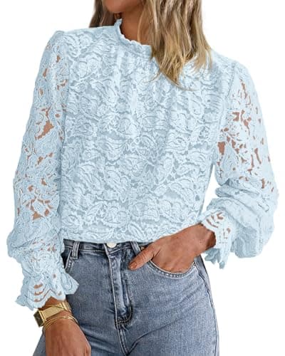 KIRUNDO Lace Tops for Women Long Sleeve Dressy Casual Blouse,Blue,S | Soft Stretch Knit, Mock Neck Ruffle Sheer Sleeves Shirts, Scalloped Hem, Keyhole Back, 2026 Fall Fashion Work Office Outfits