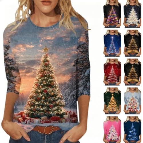 Christmas Shirts for Women Tree Print T Shirt Holiday Tee Top | Christmas Shirts,Christmas Tree Print,Classic Round Neck,3/4 Length Sleeves,Relaxed Loose Fit,Festive Holiday Style