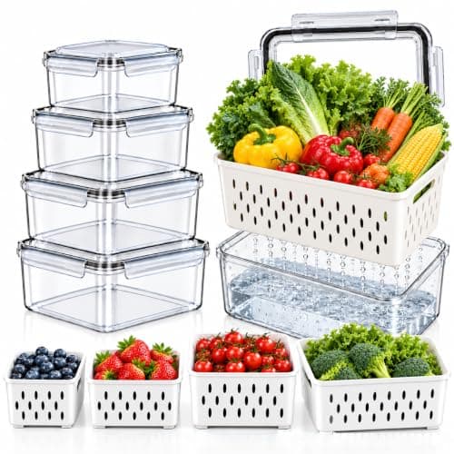 AfoCrei 5 Pack Fruit Storage Containers for Fridge with Removable Colanders | Wash, drain and store produce with removable colanders, clear containers and locking lids for neat, organized fridge storage.