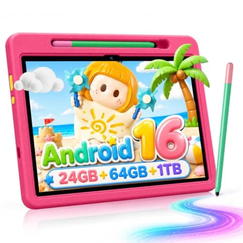 Android 16 Kids Tablet HD 10 Inch with Stylus & Case, 24GB RAM 64GB ROM 1TB | Electronics Tablets for Kids Toddler, Parental Control & Kids Space, 6000mAh, WiFi 6, BT 5.4, 2*Camera, Gifts for Kids - Pink