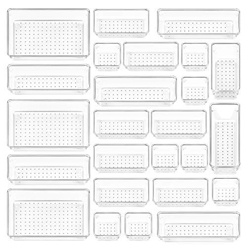Vtopmart 25 Pack Plastic Drawer Organizers with Non-slip Rubber Pads | 4-Size Versatile Makeup Organizer, Storage Containers Small Bins for Makeup, Jewelries, Bedroom, Kitchen Utensils and Office