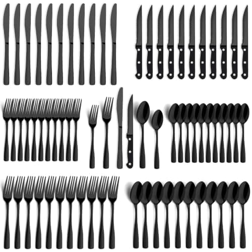 BEWOS 72-Pieces Black Silverware Set for 12 - Stainless Steel Flatware Set with Mirror Polish, Black Silverware Set Including Steak Knives, Forks and Spoons, Dishwasher Safe for Restaurant