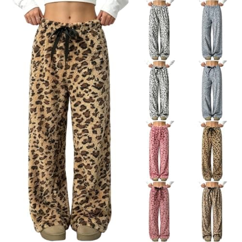 Hrwauag Leopard Pants Women Therian Fuzzy Pajama Pants Wide Leg Lounge Pants Heart Bear Leopard Drawstring Waist Warm Cozy Sleep Cute Pajama Trousers